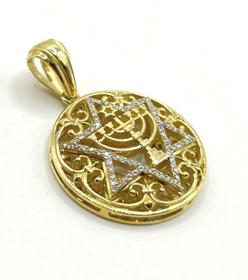 14K Gold & Diamond Star of David and Menorah Necklace